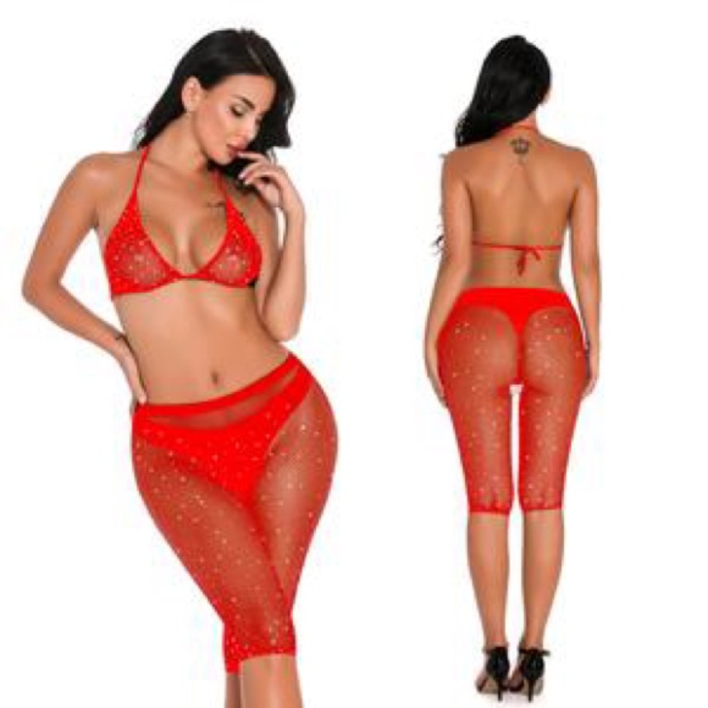 2 PC Rhinestone Mesh Triangle Bra & Biker Short